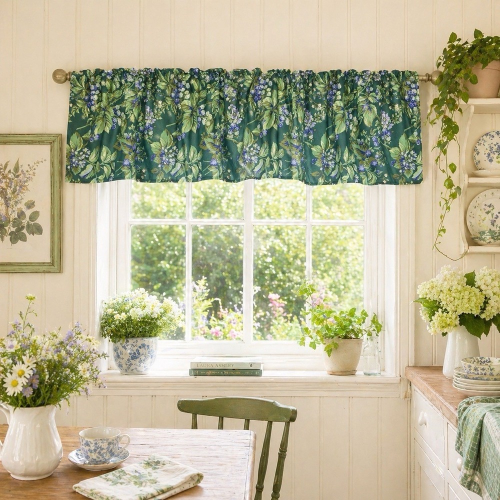 Laura Ashley Bramble Floral Valance Set of 3 Blue Green Cottagecore Excellent